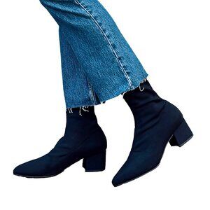 VAGABOND Mya Pointed-Toe Stretch Mid-Calf Stretch Block Heel Black Sock Boots 37